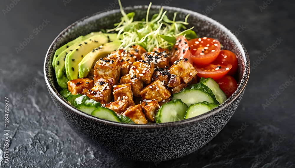 Fried Tofu Salad with Cucumbers, Tomatoes, Avocado and Sesame Seeds. Homemade asian vegetable and tofu salad in ceramic bowl on black stone background. Healthy asian diet vegan vegetarian salad food Fried Tofu Salad with Cucumbers, Tomatoes, Avocado and Sesame Seeds. Homemade asian vegetable and tofu salad in ceramic bowl on black stone background. Healthy asian diet vegan vegetarian salad food