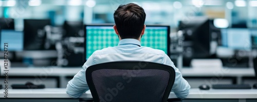 A lone financial analyst sitting in an empty stock exchange office