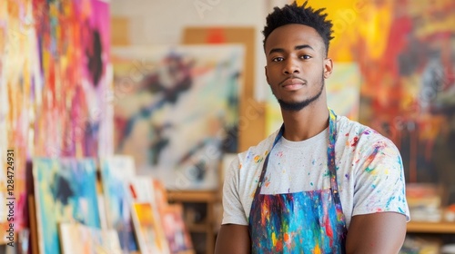 A striking portrait of an African American male artist in his colorful studio, showcasing his creativity and passion for painting. Rich colors surround him, reflecting his artistic talent.