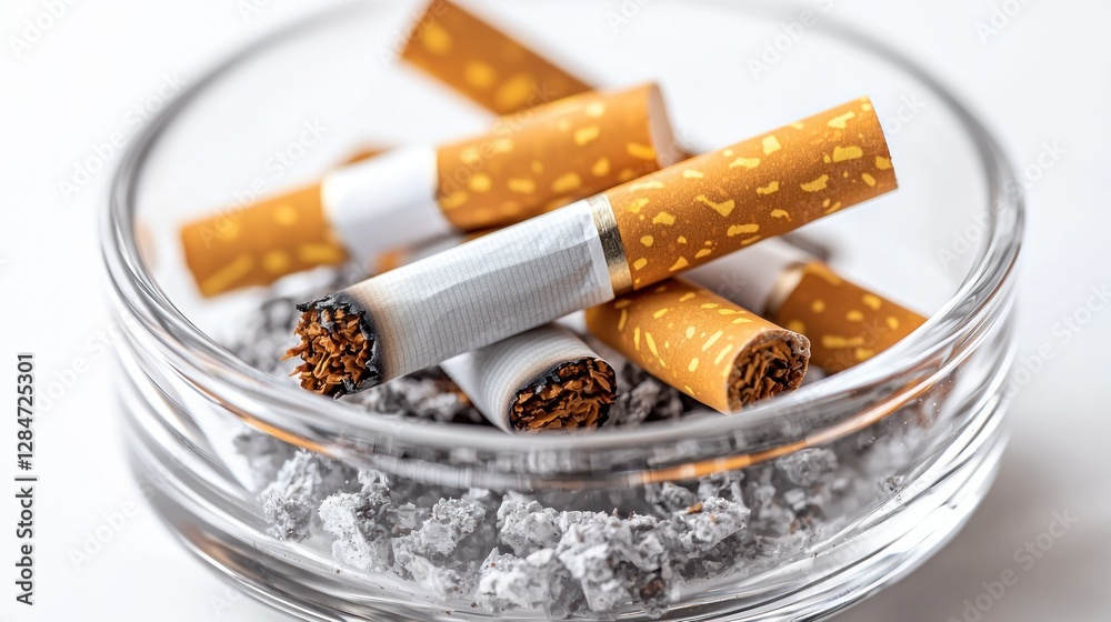 Used cigarettes in glass ashtray on white background Used cigarettes in glass ashtray on white background