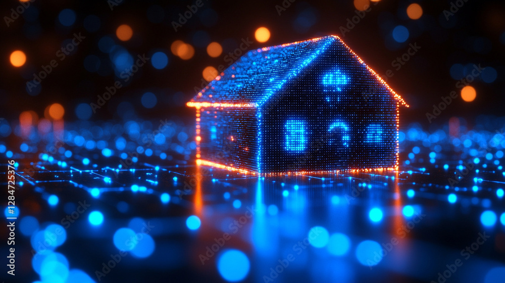 Glowing digital house model on a luminous network grid representing futuristic smart home technology, with neon blue highlights showcasing modern innovation and virtual home concepts Glowing digital house model on a luminous network grid representing futuristic smart home technology, with neon blue highlights showcasing modern innovation and virtual home concepts