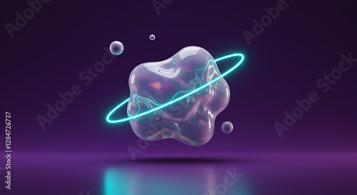 Futuristic Transparent Blob with Neon Orbit Ring on Dark Background, Abstract Sci-Fi Liquid Shape, Cyberpunk Aesthetic, Neon Glow photo
