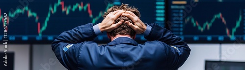 A trader clutching his head as financial alarms go off around him