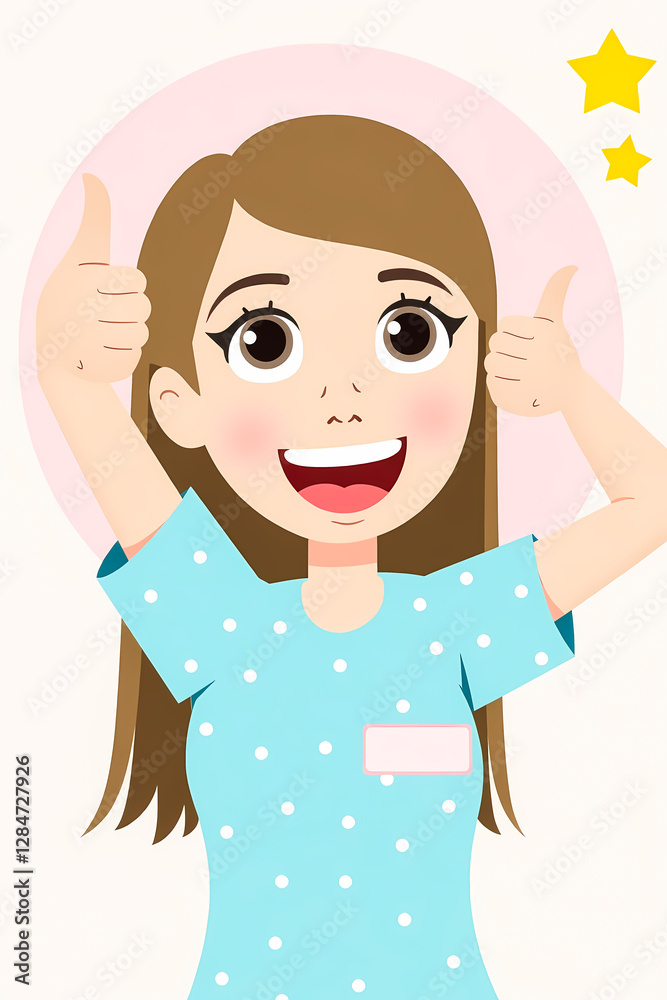 cheerful young woman in a light blue polka dot uniform gives two thumbs up cheerful young woman in a light blue polka dot uniform gives two thumbs up
