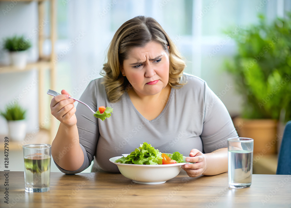 Overweight woman feeling frustrated while eating fresh vegetable salad. Unhappy fat female sitting at table with bowl of greens and glass of water, showing dissatisfaction with diet and healthy meal. Overweight woman feeling frustrated while eating fresh vegetable salad. Unhappy fat female sitting at table with bowl of greens and glass of water, showing dissatisfaction with diet and healthy meal.