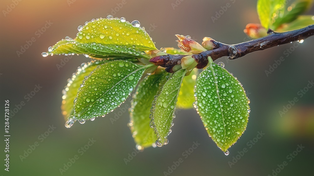 Fresh green leaves with dewdrops on a tree branch, illuminated by warm morning sunlight, symbolizing renewal and growth Fresh green leaves with dewdrops on a tree branch, illuminated by warm morning sunlight, symbolizing renewal and growth