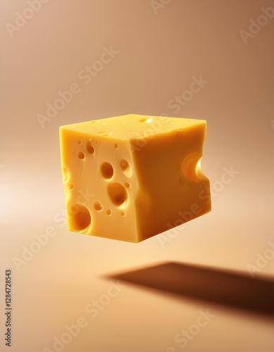 Floating Cheese Cube Creating Soft Shadows in a Minimalistic Setting photo