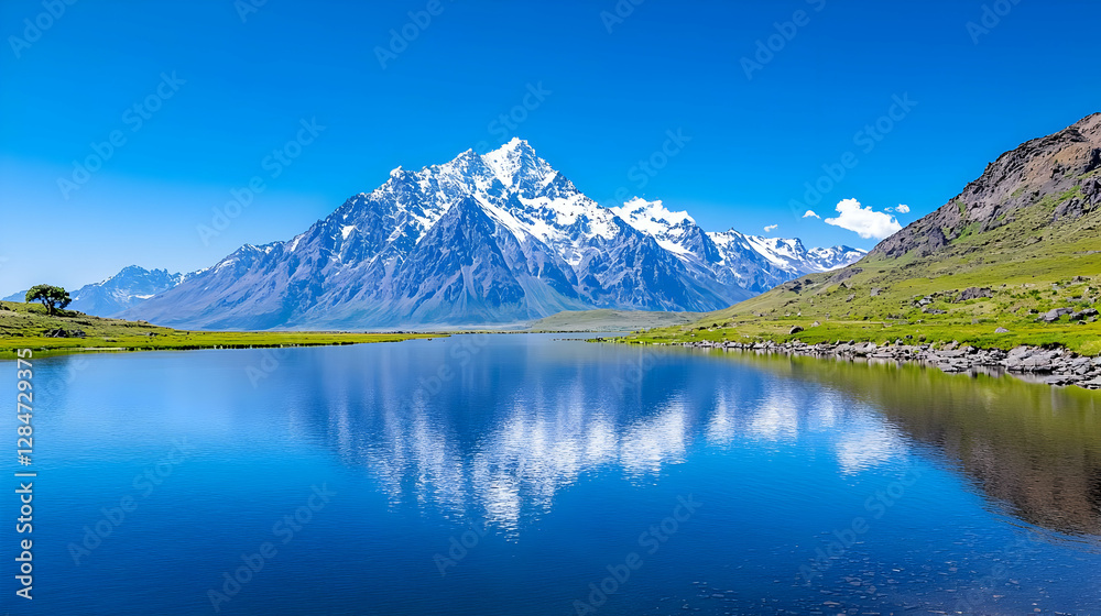 Naklejka premium Majestic mountain reflected in serene lake