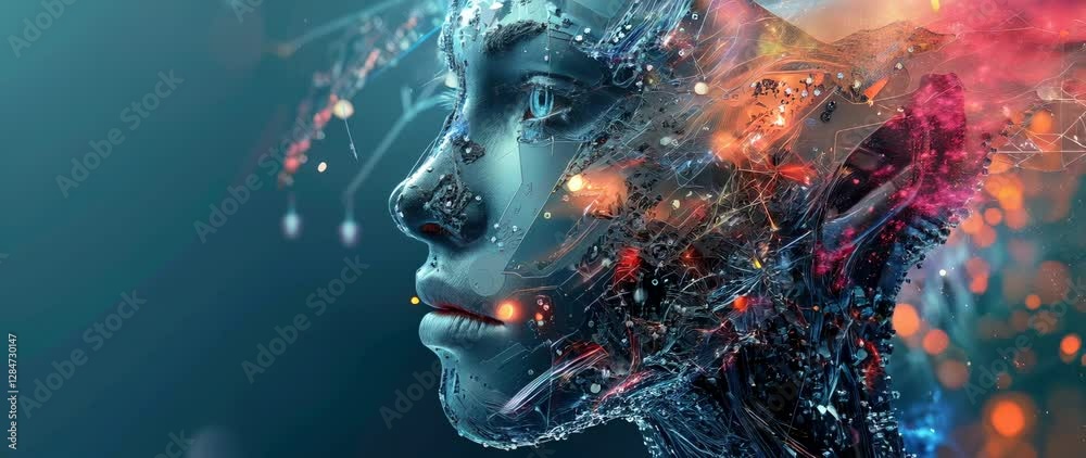 AI robot on abstract background, cyborg like digital young woman, futuristic artificial intelligence. Concept of technology, tech, art, AI robot on abstract background, cyborg like digital young woman, futuristic artificial intelligence. Concept of technology, tech, art,