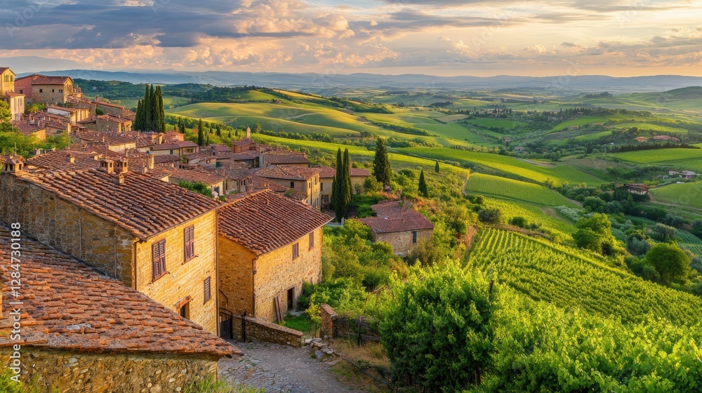 Naklejka premium Breathtaking view of a Tuscan village overlooking lush vineyards at golden hour. Generative AI
