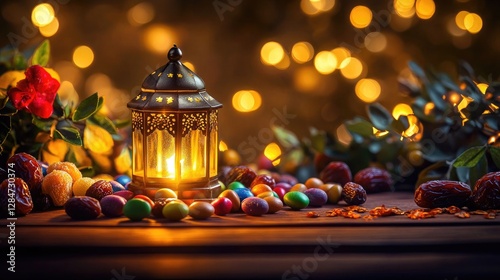 A serene Ramadan night featuring a beautifully lit lantern placed on a wooden table surrounded by colorful candies and dates
