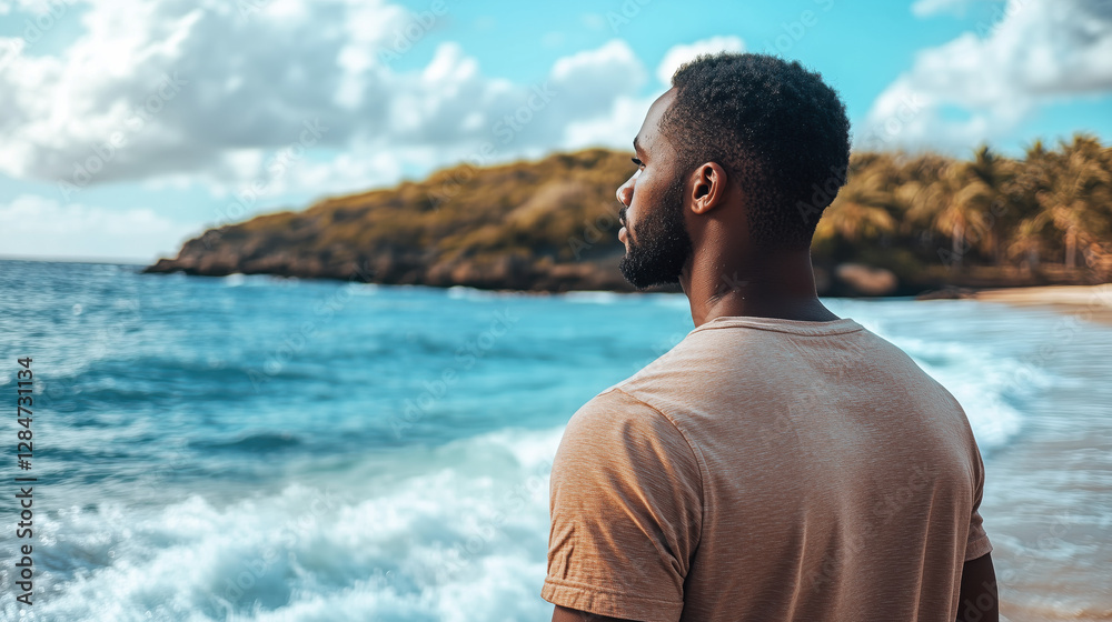 Fototapeta premium Caribbean Man in His Late 20s Deeply Contemplating While Watching the Waves on a Beach