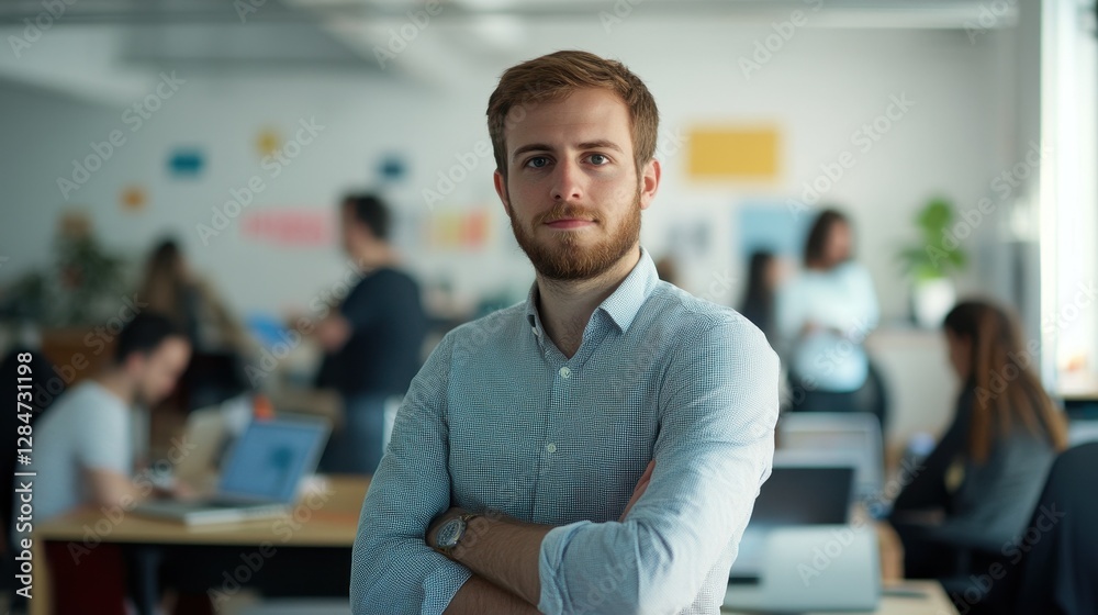 Fototapeta premium A passionate young European man stands confidently in an office setting, embodying professionalism and creativity amidst a dynamic work environment.