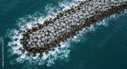 Aerial View of Concrete Blocks Creating a Wave Breaker with Ocean Waves