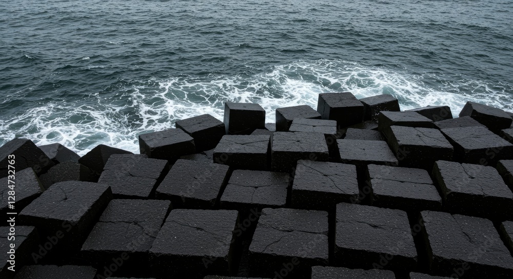Ocean Waves Crashing Against Dark Stone Breakwater Coastline Landscape Ocean Waves Crashing Against Dark Stone Breakwater Coastline Landscape