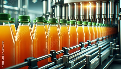 A line of orange juice bottles being filled on a modern beverage production line.