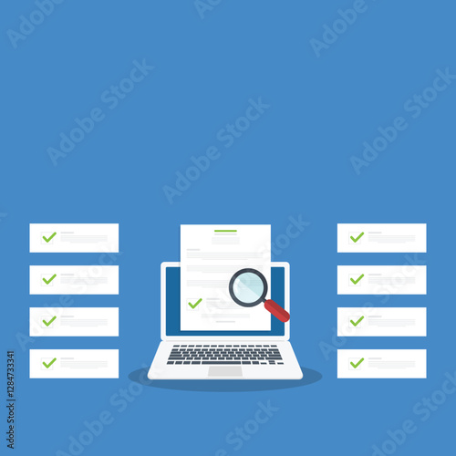 Online digital document inspection or assessment evaluation on laptop computer, contract review, analysis, inspection of agreement contract, compliance verification.