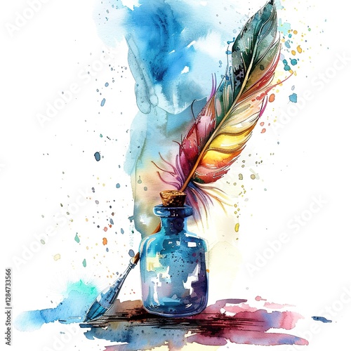 A vibrant watercolor illustration featuring a quill in an ink bottle, surrounded by colorful splashes, embodying creativity and artistic expression.