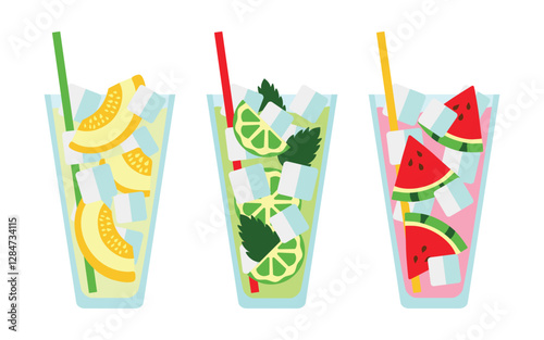 Set Juices with Fruits, Ice cubes - Melon, Watermelon and Lime. Summer cold Drinks in transparent Glass, Straw. Refreshing Drinks. Mojito with Mints. Smoothie, Lemonade, Soda. Flat vector Illustration