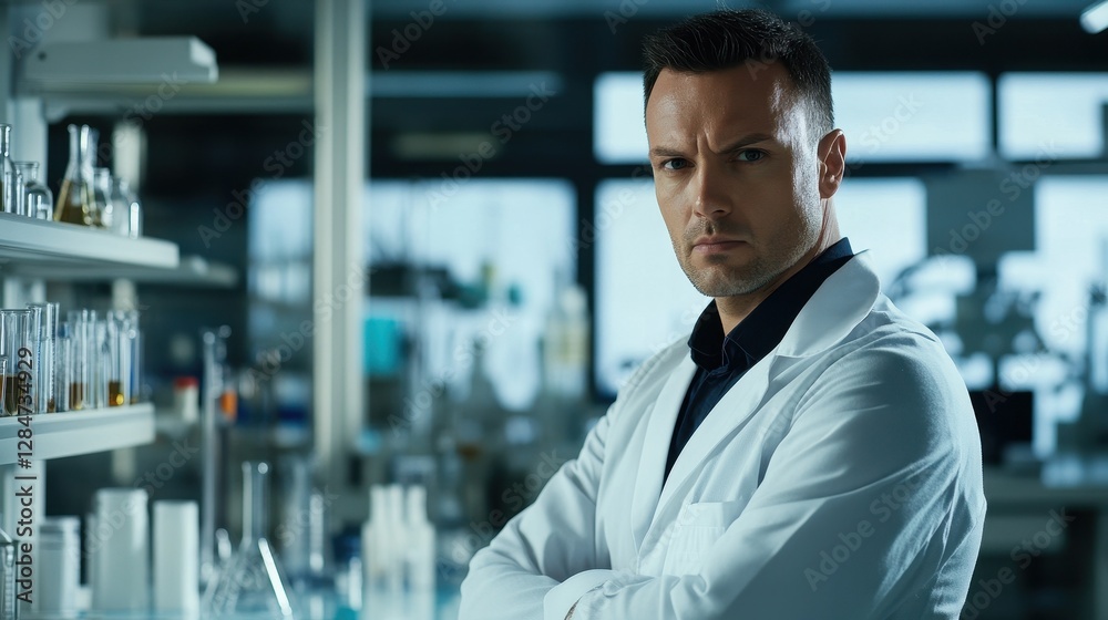 A serious European male scientist in a lab coat stands confidently in a modern laboratory. His focused expression highlights dedication to research and innovation.