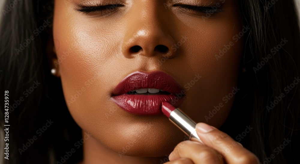 Applying Dark Lipstick Close-up on Woman for Beauty and Cosmetics Concept Applying Dark Lipstick Close-up on Woman for Beauty and Cosmetics Concept