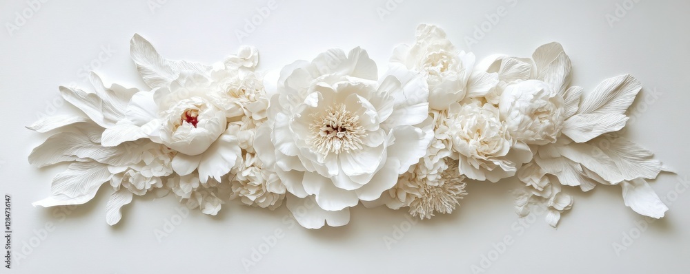 Elegant white floral arrangement with textured petals on minimalist background