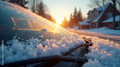 Frozen car windshield, Close-up frozen windshield frost patterns glowing in sunrise suburban snow-covered street 8K UHD.