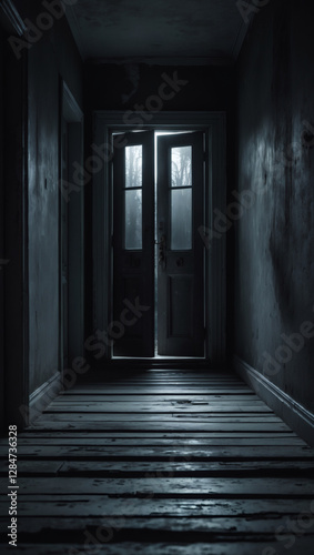Eerie corridor with an open door, leading to a mysterious, fog-shrouded view. Dim lighting adds to the suspenseful atmosphere.