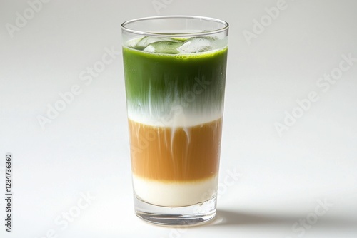 Wallpaper Mural A refreshing layered matcha latte with ice cubes in a tall glass, showcasing vibrant green tea, creamy milk, and coffee on a clean, bright white background. Torontodigital.ca