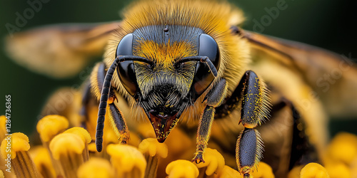 Honey bee pollinating yellow flower close up macro photography