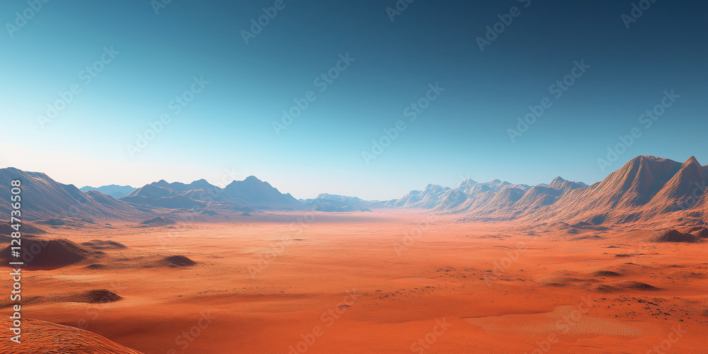 Fototapeta premium Discovering mars, red planet landscape with mountains and desert under blue sky