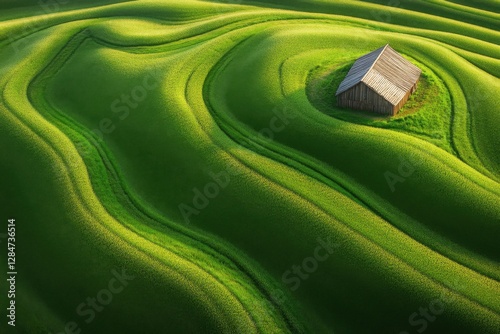 Golden sunlight dances over swaying green barley fields and a rustic farmhouse amidst nature's beauty photo