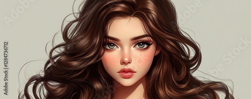 Digital art of young woman with long brown hair and green eyes