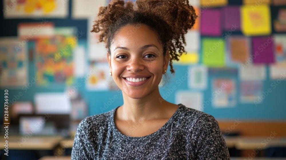 A cheerful African American female teacher smiling warmly in a vibrant classroom setting, reflecting positivity and enthusiasm for education and student growth. A cheerful African American female teacher smiling warmly in a vibrant classroom setting, reflecting positivity and enthusiasm for education and student growth.