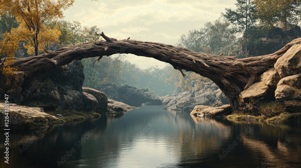 Serene Autumnal Landscape: A Fallen Log Bridge Over a Calm River Serene Autumnal Landscape: A Fallen Log Bridge Over a Calm River