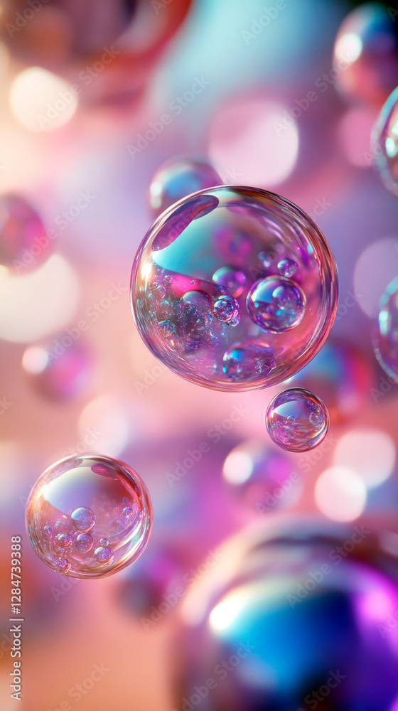 Iridescent Spheres Floating in a Soft Pink and Violet Gradient