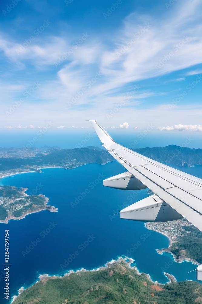 Wing of an airplane flying above the sea. View from airplane window Wing of an airplane flying above the sea. View from airplane window
