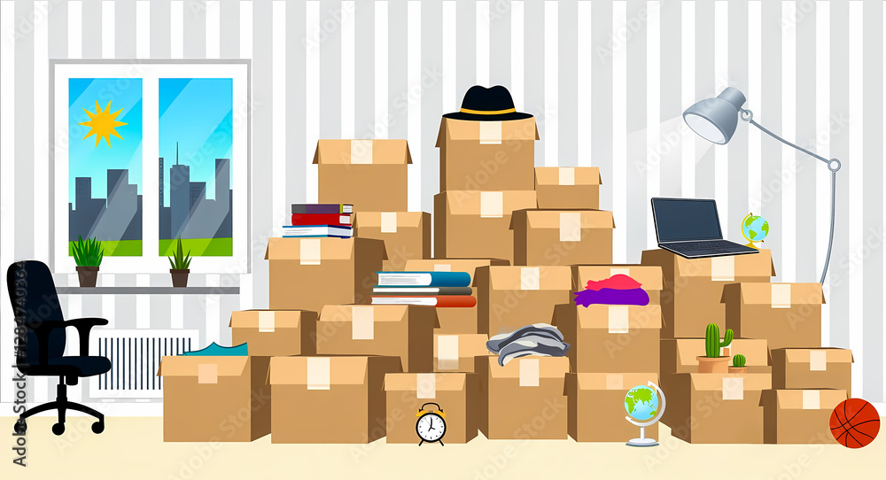 Fototapeta premium numerous cardboard boxes filled with household items in a room