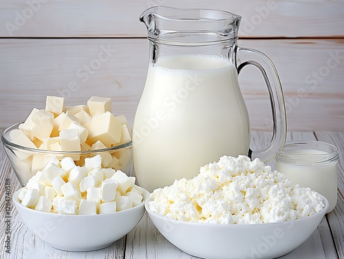 Fresh dairy products and related products displayed on a wooden surface photo