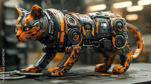 Sleek cyberpunk cat with robotic limbs and a USB tail causing chaos in a futuristic urban environment