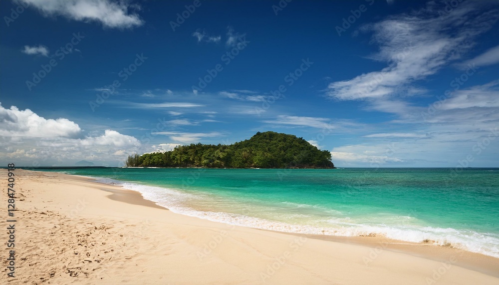 Sandy tropical beach with island on background Sandy tropical beach with island on background