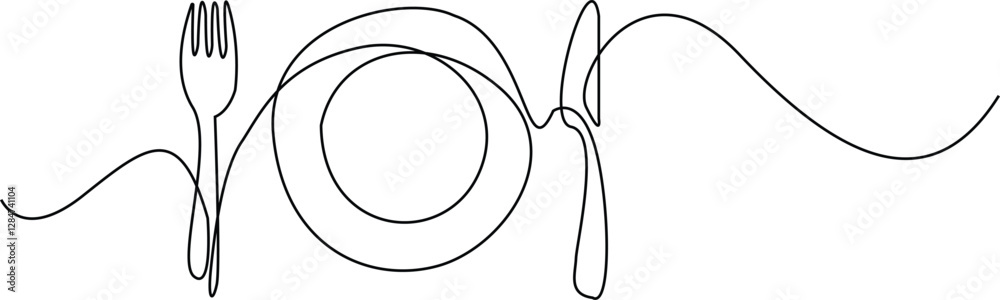 fork, spoon, knife and plate Continuous One Line Drawing, One line drawing of cutlery, Line drawing Menu food design vector illustration.