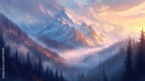 Breathtaking Photorealistic Illustration of Misty Mountains and Enchanted Forest in a Mystic Morning Fog for Captivating Landscape Art