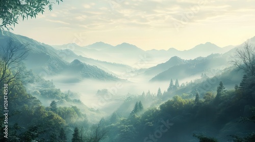 Breathtaking Photorealistic Illustration of Misty Mountains and Enchanted Forest in a Mystic Morning Fog for Captivating Landscape Art