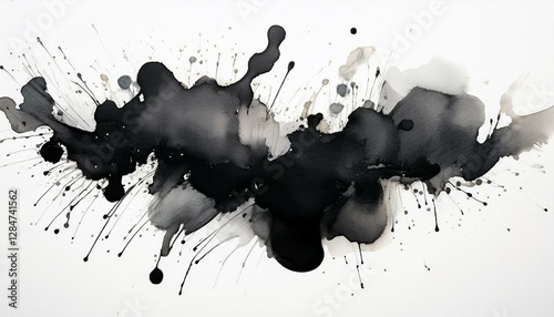 black ink watercolor flow blot with drops splash abstract texture color stain on white background