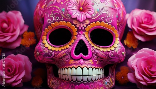 painted pink sugar skull for dia de los muertos