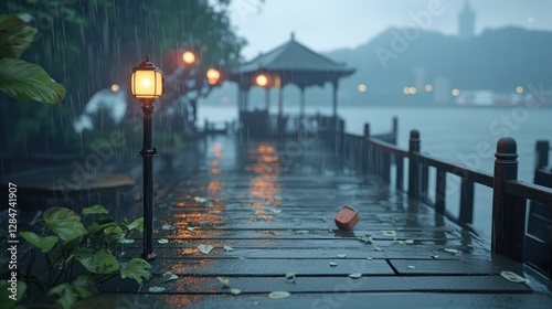 Rainy Asian Lakeside Pavilion Pier Path photo