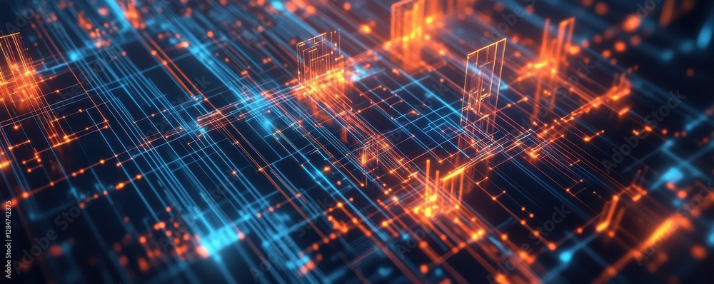 Obraz premium Futuristic digital cityscape with glowing data network and circuit connections