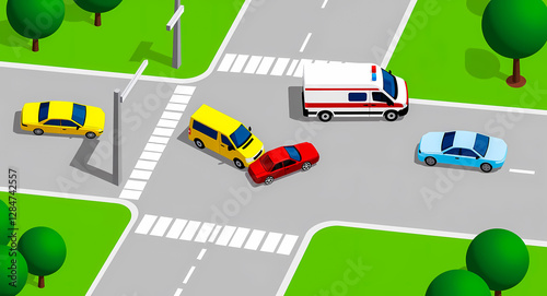 bird's-eye view of a car accident at a crossroads with an arriving ambulance photo