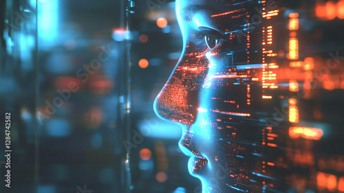 AI Innovation: A futuristic digital profile of a human face is overlaid with intricate data streams, highlighting the convergence of artificial intelligence and human form.
